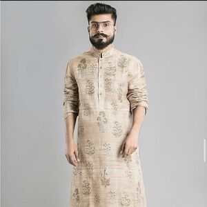 Men's Beige Floral Kurta pure silk